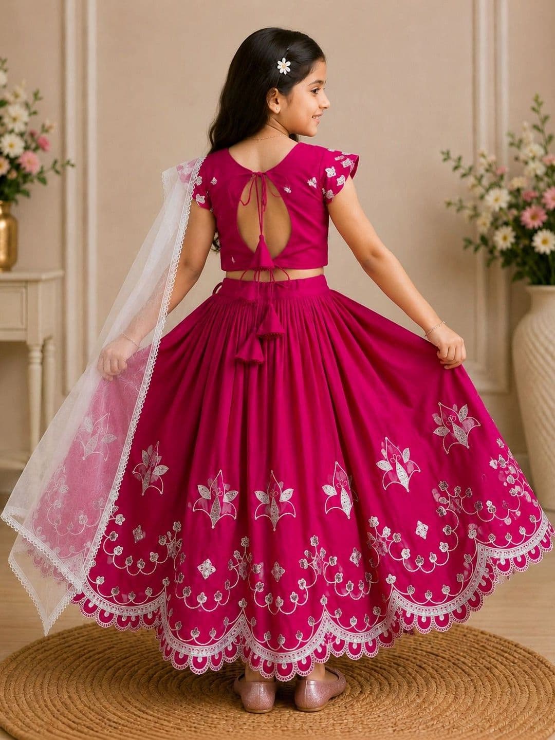 KALINI Girls Embroidered Thread Work Ready to Wear Lehenga & Blouse With Dupatta thumbnail 4
