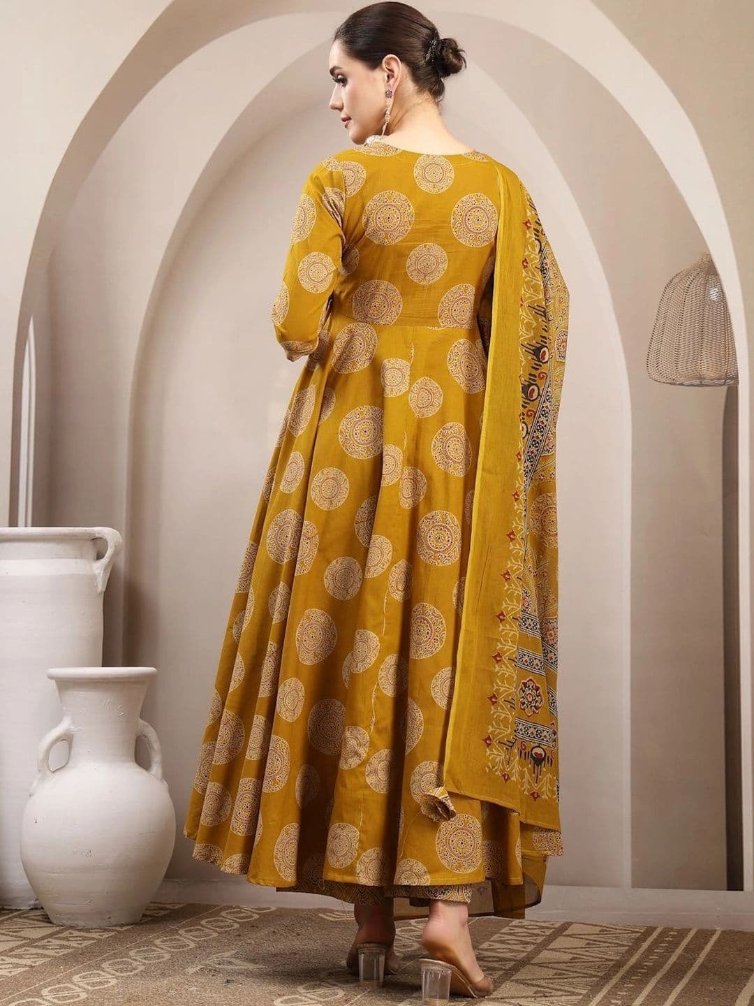 Sangria Women Ethnic Printed Angrakha Pure Cotton Kurta with Trousers & With Dupatta thumbnail 7