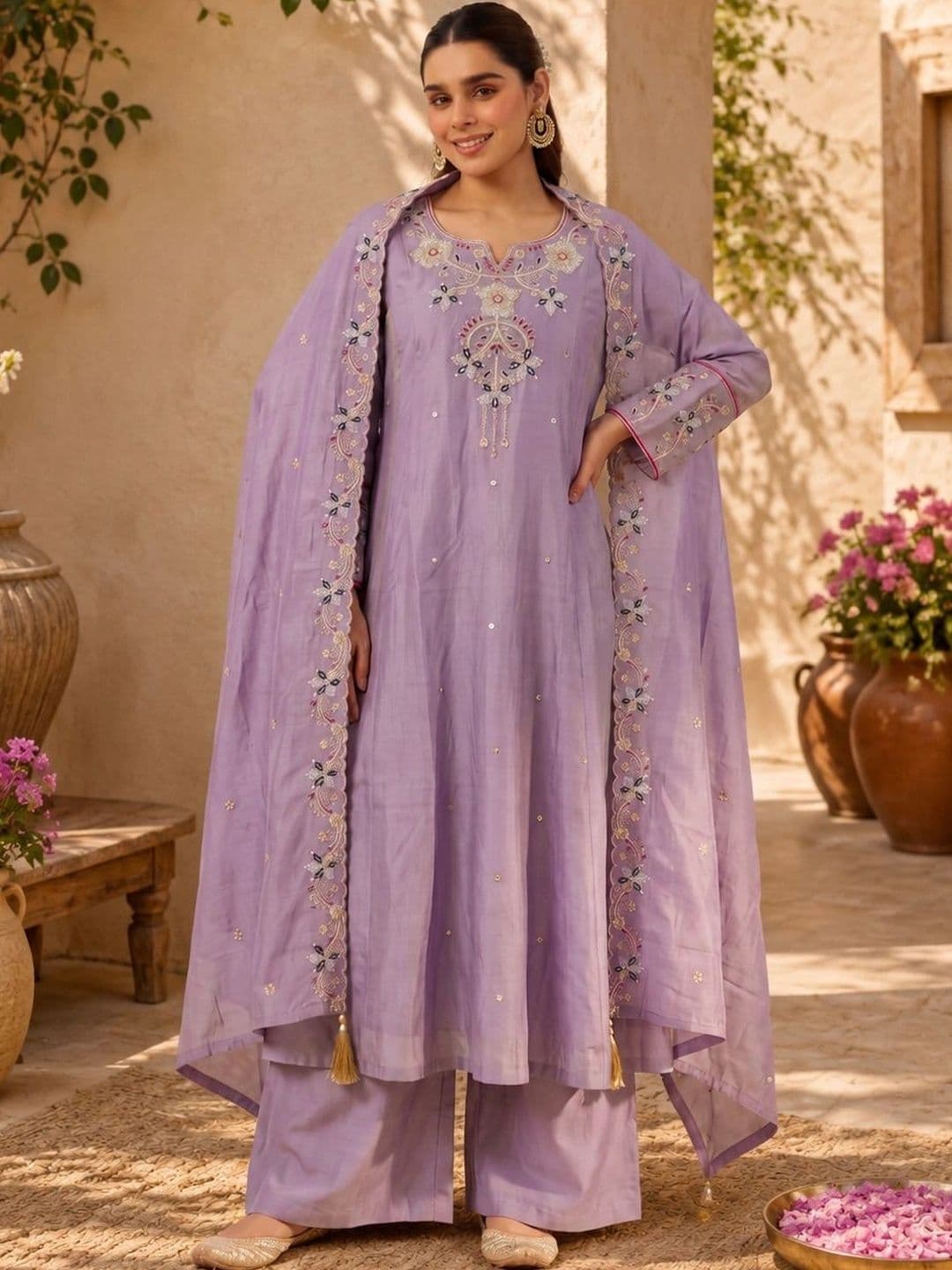 Sangria Ethnic Motifs Embroidered Regular Thread Work Kurta with Palazzos & With Dupatta thumbnail 5