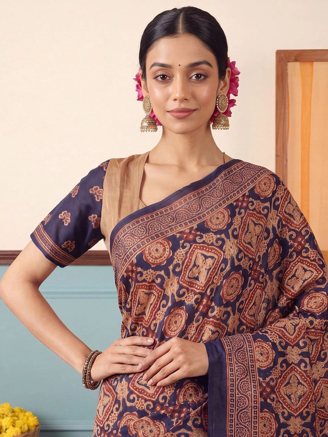 Anouk Ajrak Block Silk Blend Designer Block Print Saree thumbnail 7