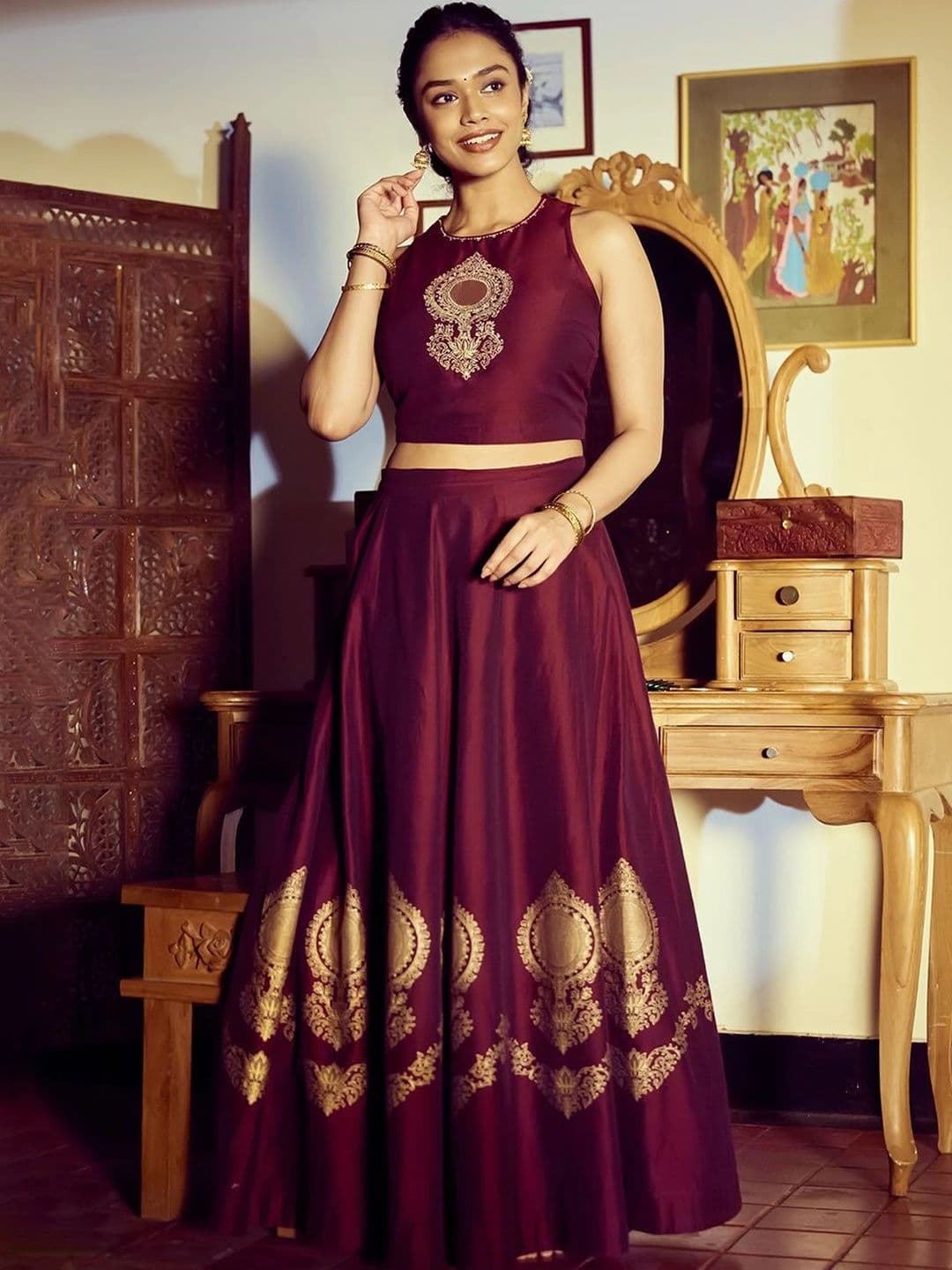 Maybell Women's Raw silk Printed Round Neck Onam Theme Top with Skirt Set thumbnail 6