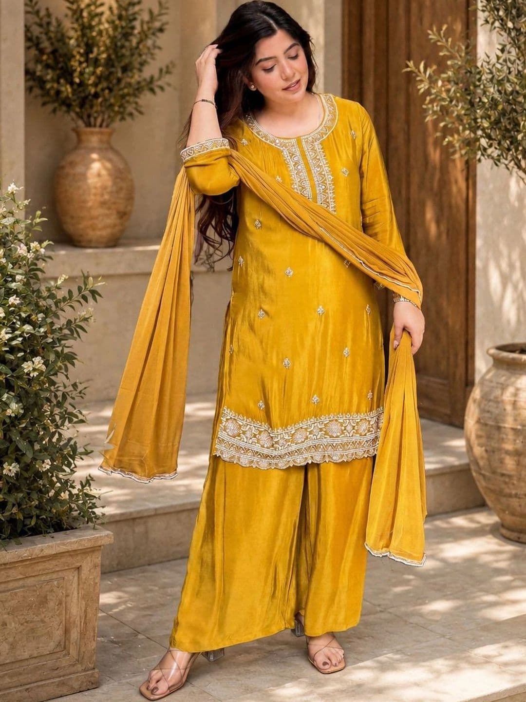 Sangria Women Ethnic Motifs Embroidered Regular Thread Work Kurta with Sharara & With Dupatta - view 1