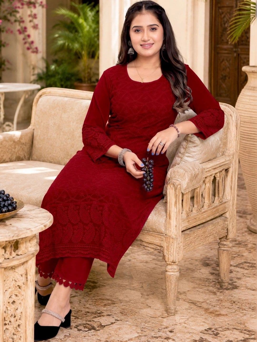 C H CREATION Ethnic Motifs Embroidered Chikankari Pure Georgette Chikankari Kurti thumbnail 3