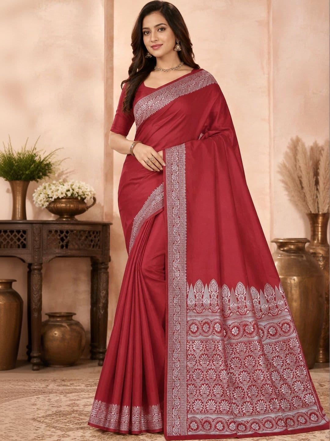 Prisan Women Maroon Woven Banarasi Soft Silk Saree with Unstitched Blouse thumbnail 3