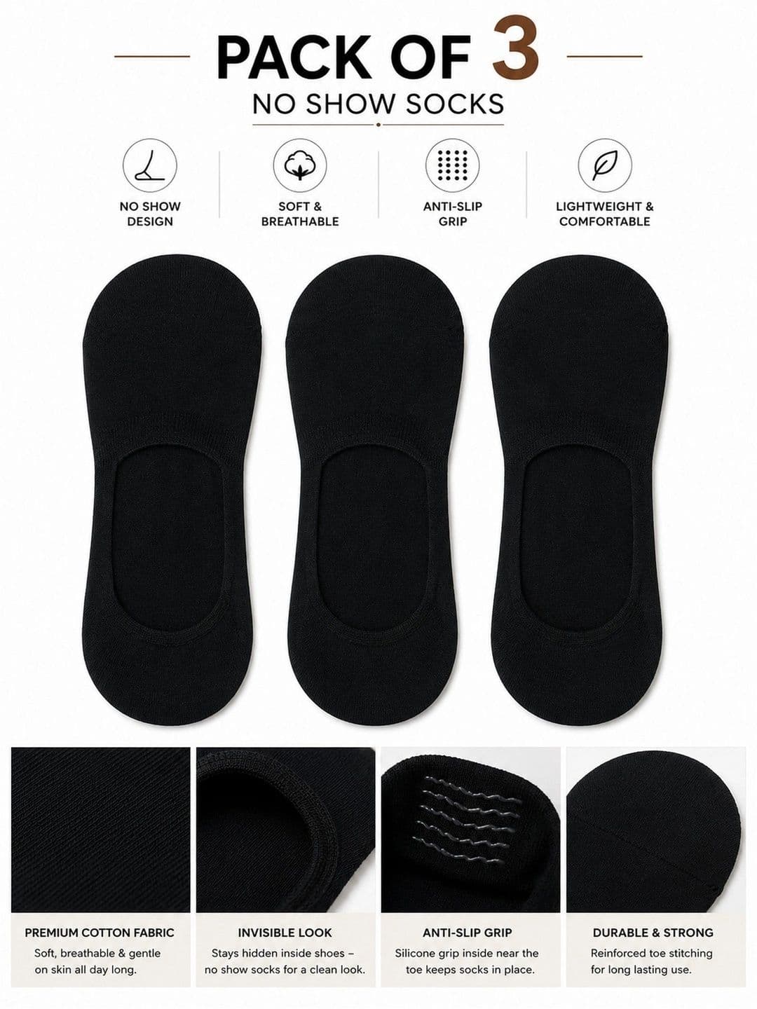 SHOPCASH Men Pack of 3 Cotton Assorted Shoe Liners Socks thumbnail 2