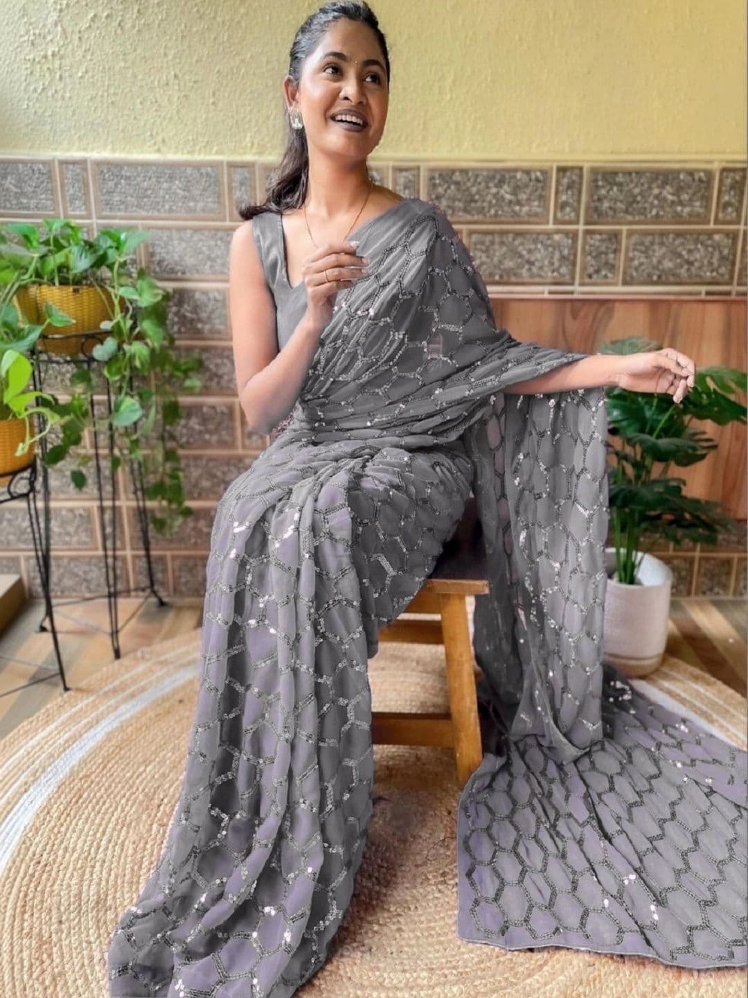 Mitera Embellished Sequinned Poly Georgette Designer Saree thumbnail 5