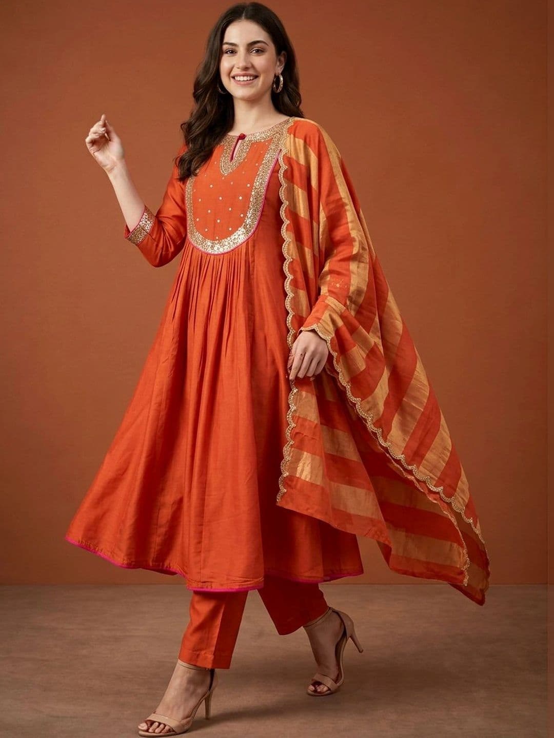 Sangria Women Empire Sequinned Chanderi Silk Kurta with Trousers & With Dupatta thumbnail 5