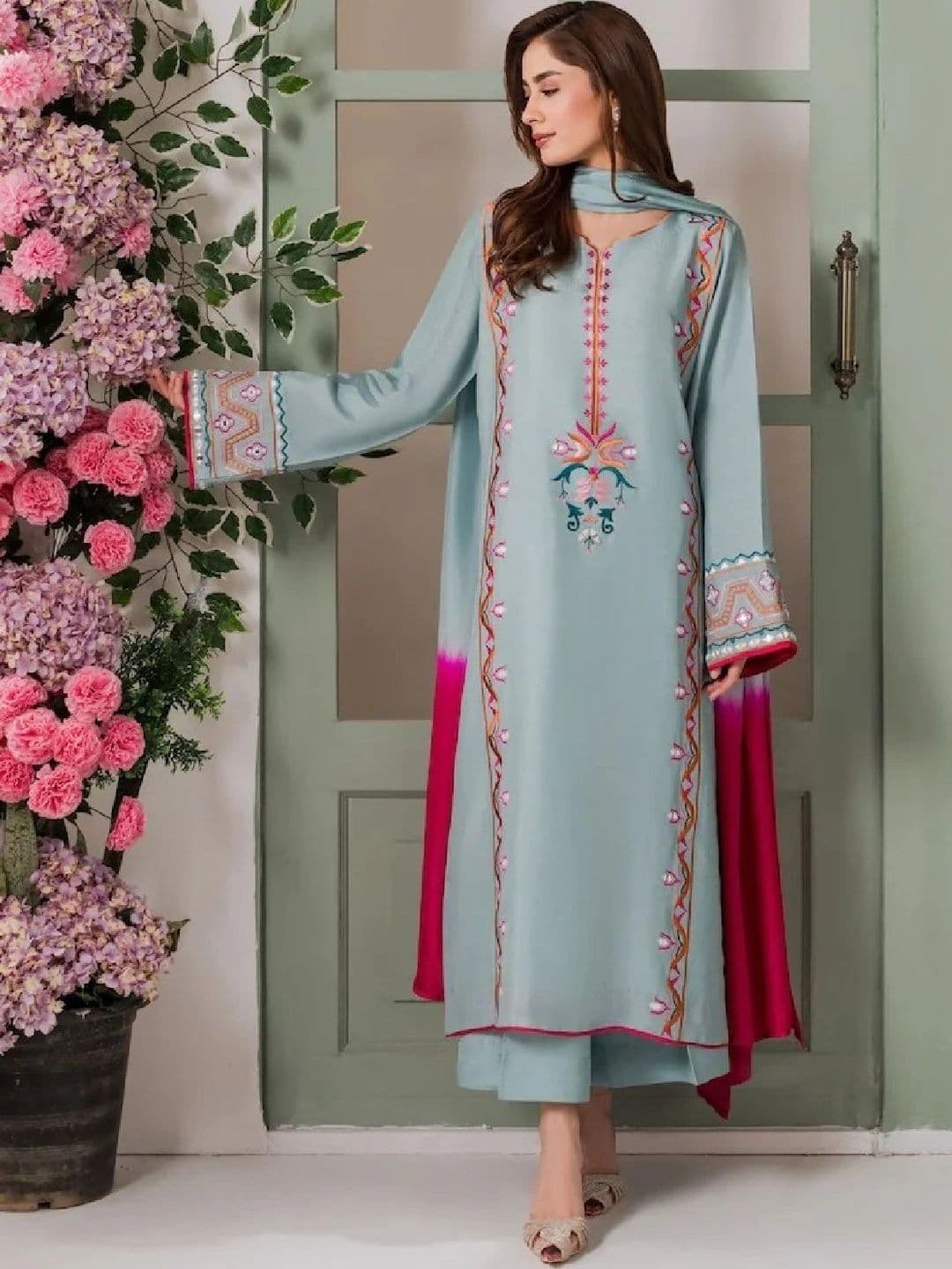 VARNI FABRICS Women Floral Embroidered Silk Crepe Straight Kurta with Trousers & Dupatta thumbnail 5