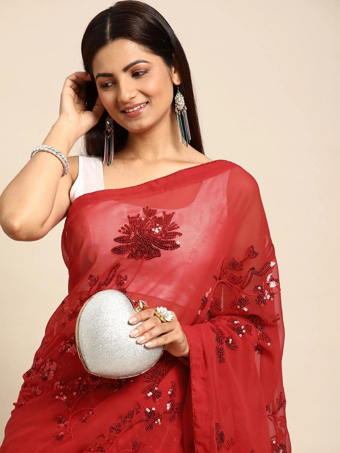 FashionsEye Embellished Sequinned Poly Georgette Designer Saree thumbnail 2