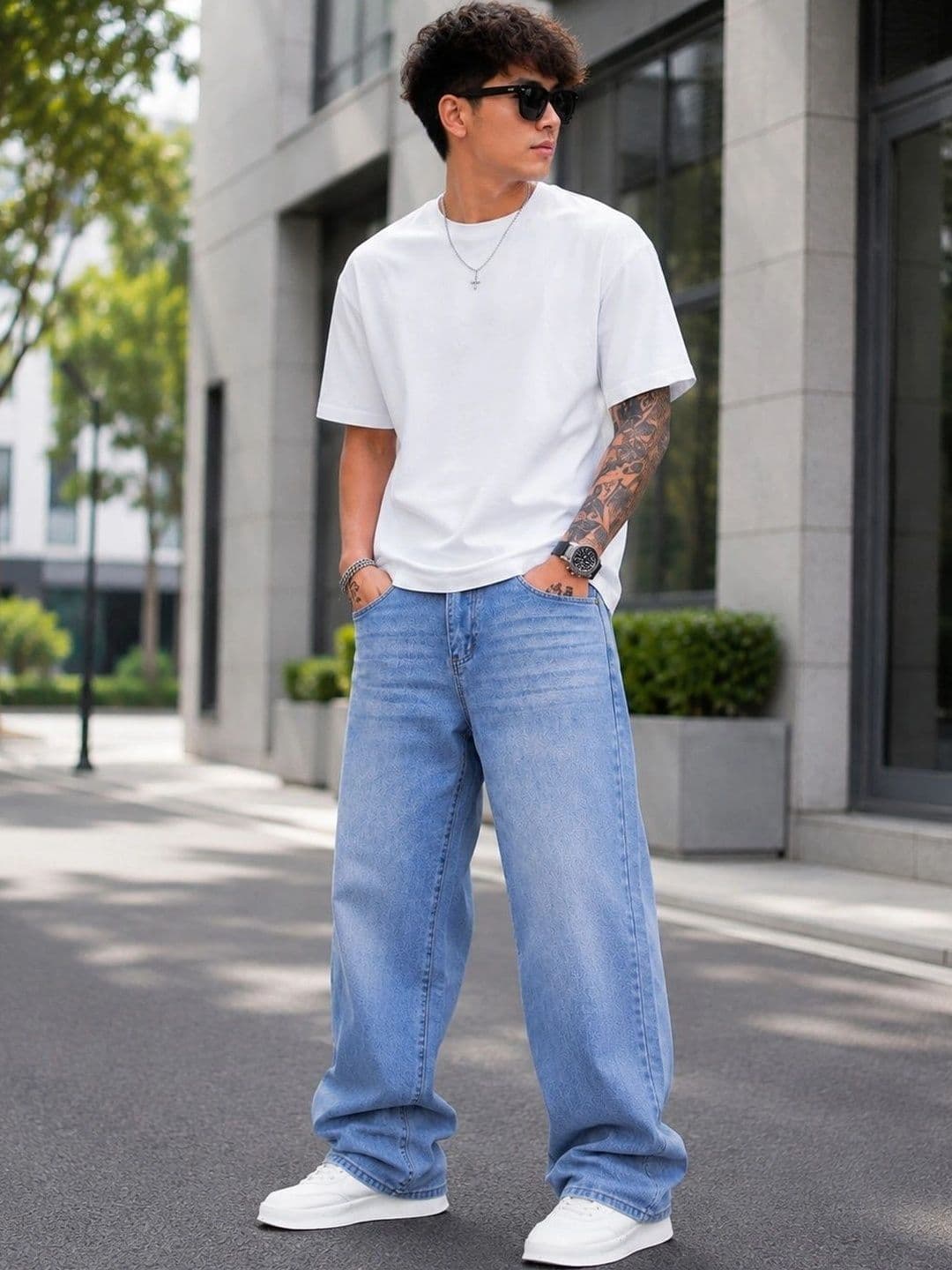 PINKLIT Men Wide Leg Mid-Rise Light Fade Jeans thumbnail 3