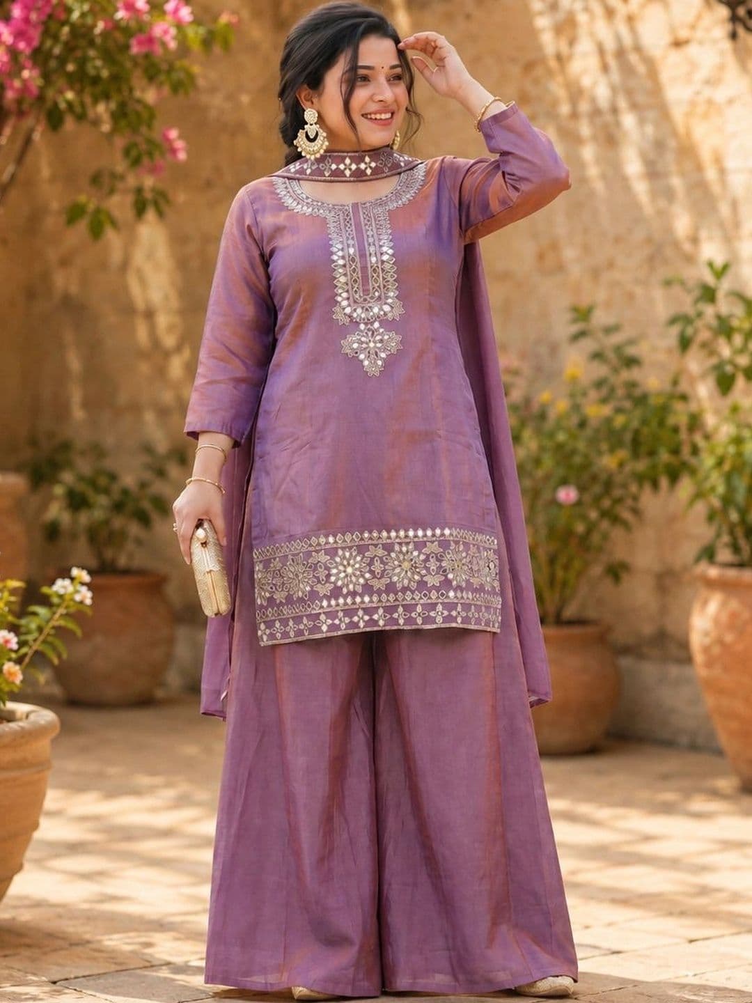 Sangria Ethnic Motifs Embroidered Regular Mirror Work Kurta with Palazzos & With Dupatta - view 1
