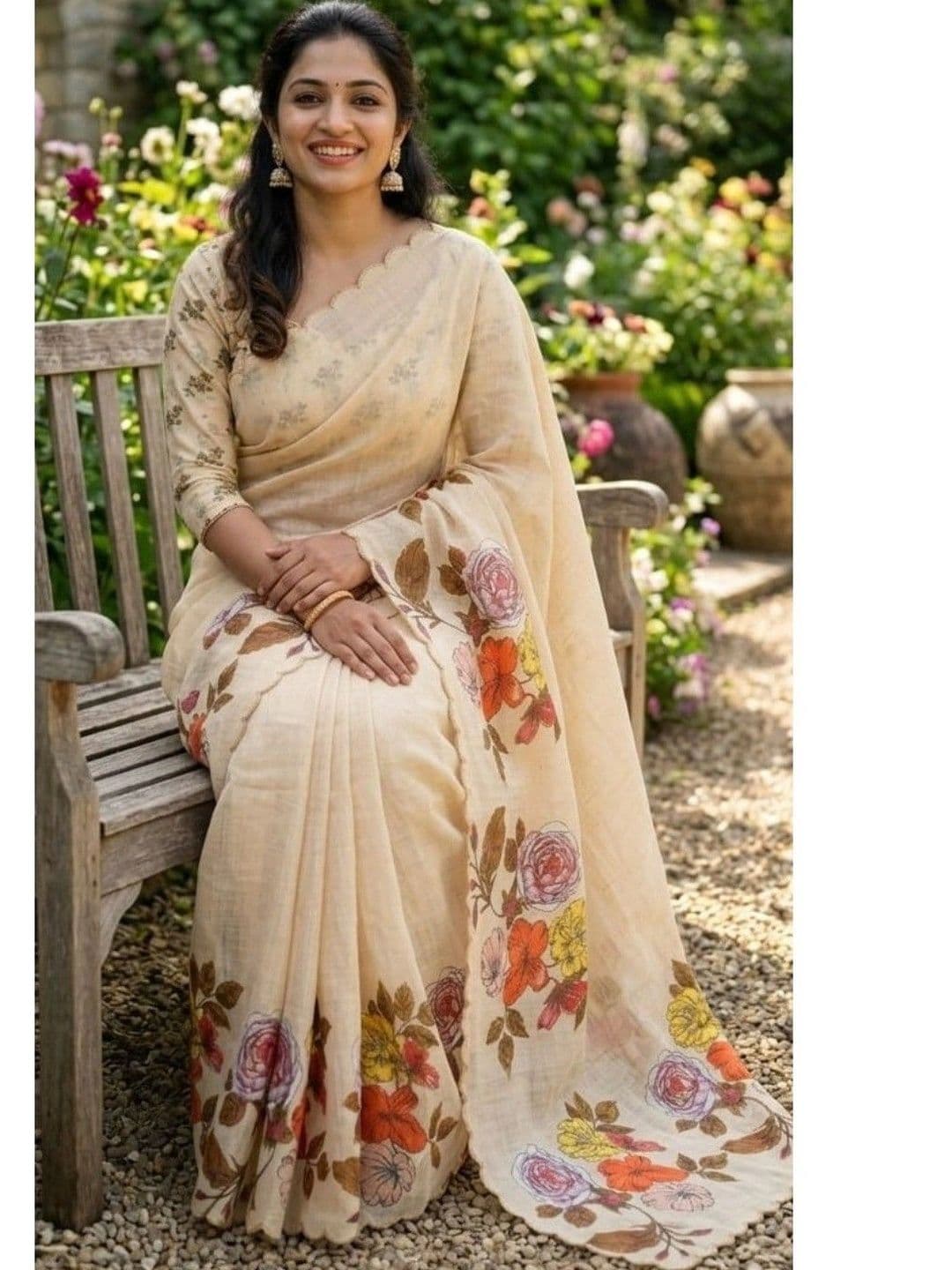 Peachmode Cream Linen Saree with Floral Print & Cut Work Border thumbnail 7