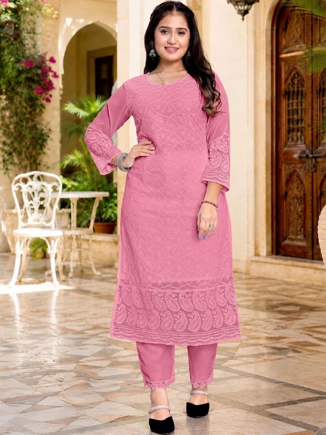 C H CREATION Ethnic Motifs Embroidered Chikankari Pure Georgette Chikankari Kurti - view 1