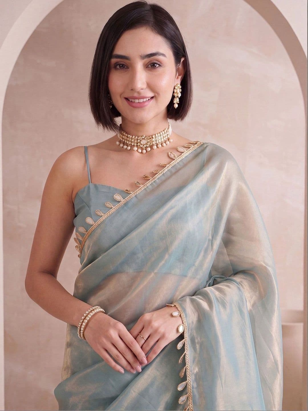 Anouk Mirror Work Satin Designer Saree thumbnail 6