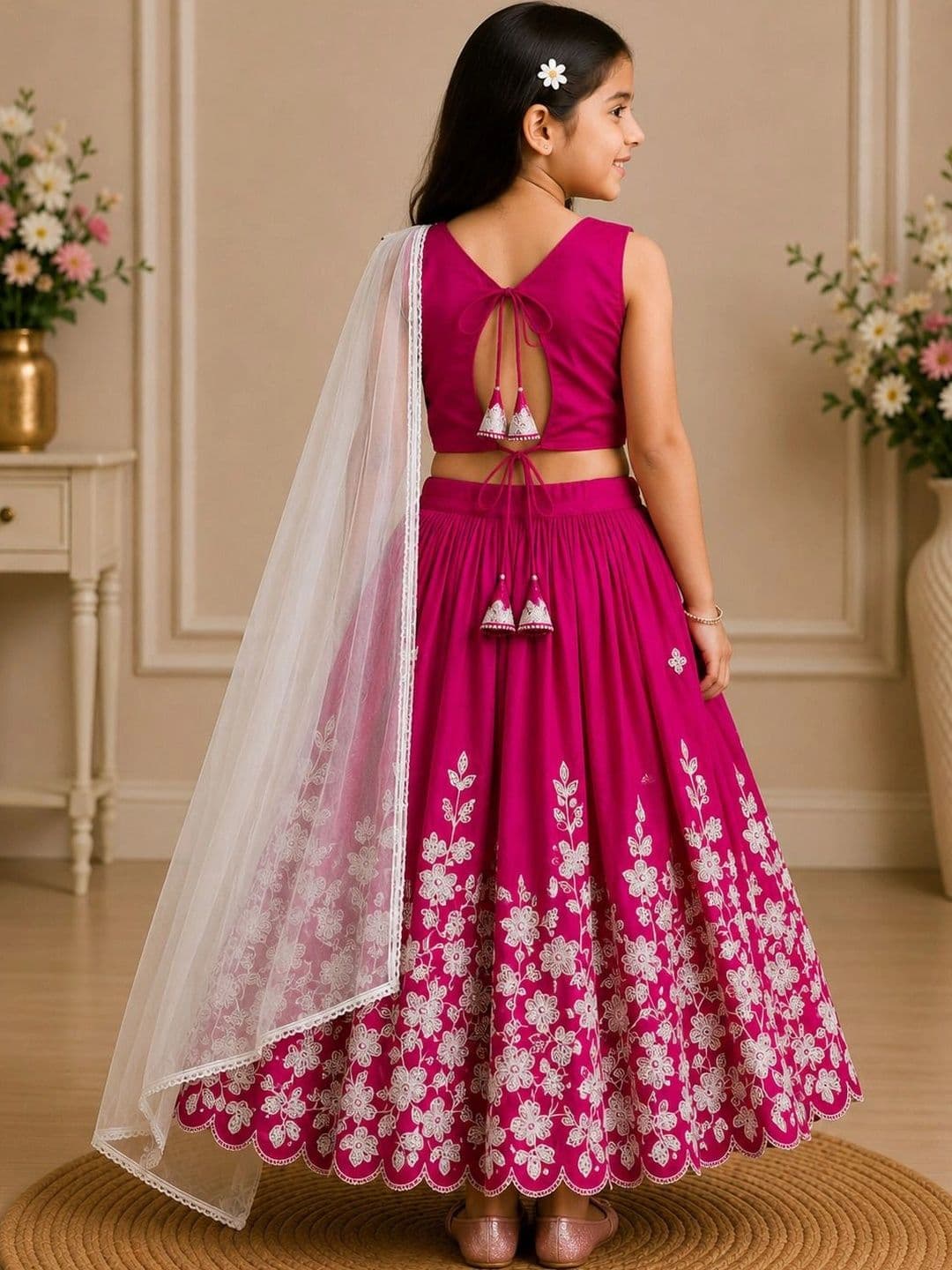 KALINI Girls Embroidered Thread Work Ready to Wear Lehenga & Blouse With Dupatta thumbnail 2
