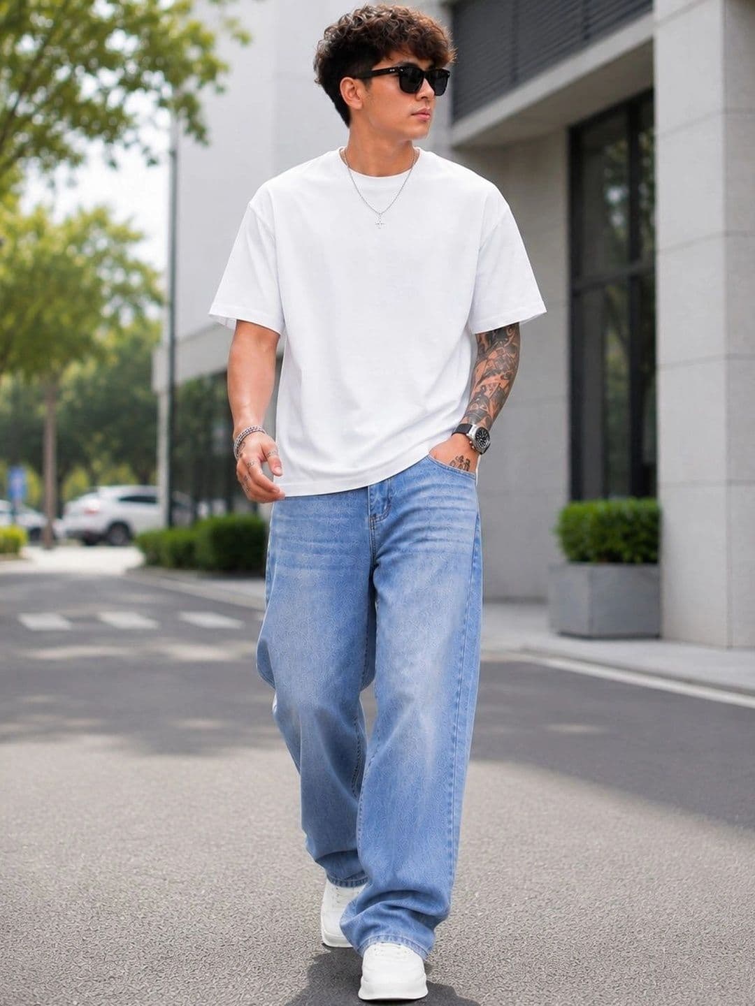 PINKLIT Men Wide Leg Mid-Rise Light Fade Jeans thumbnail 4