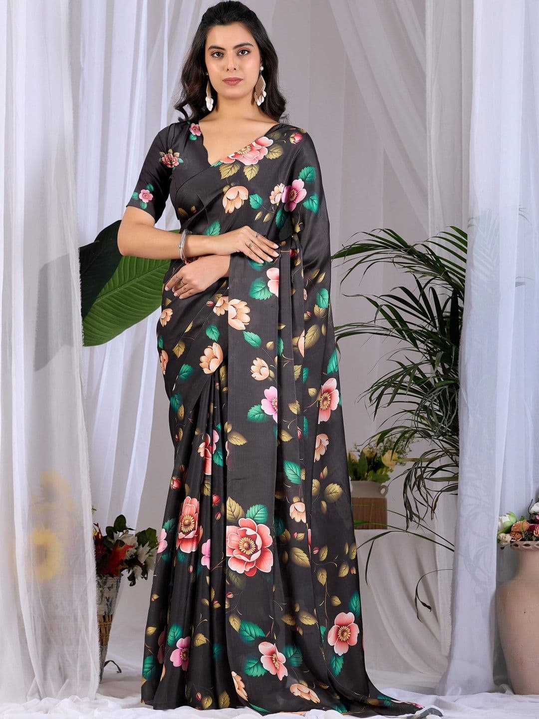 LeeliPeeri Designer Floral Satin Designer Saree - view 1