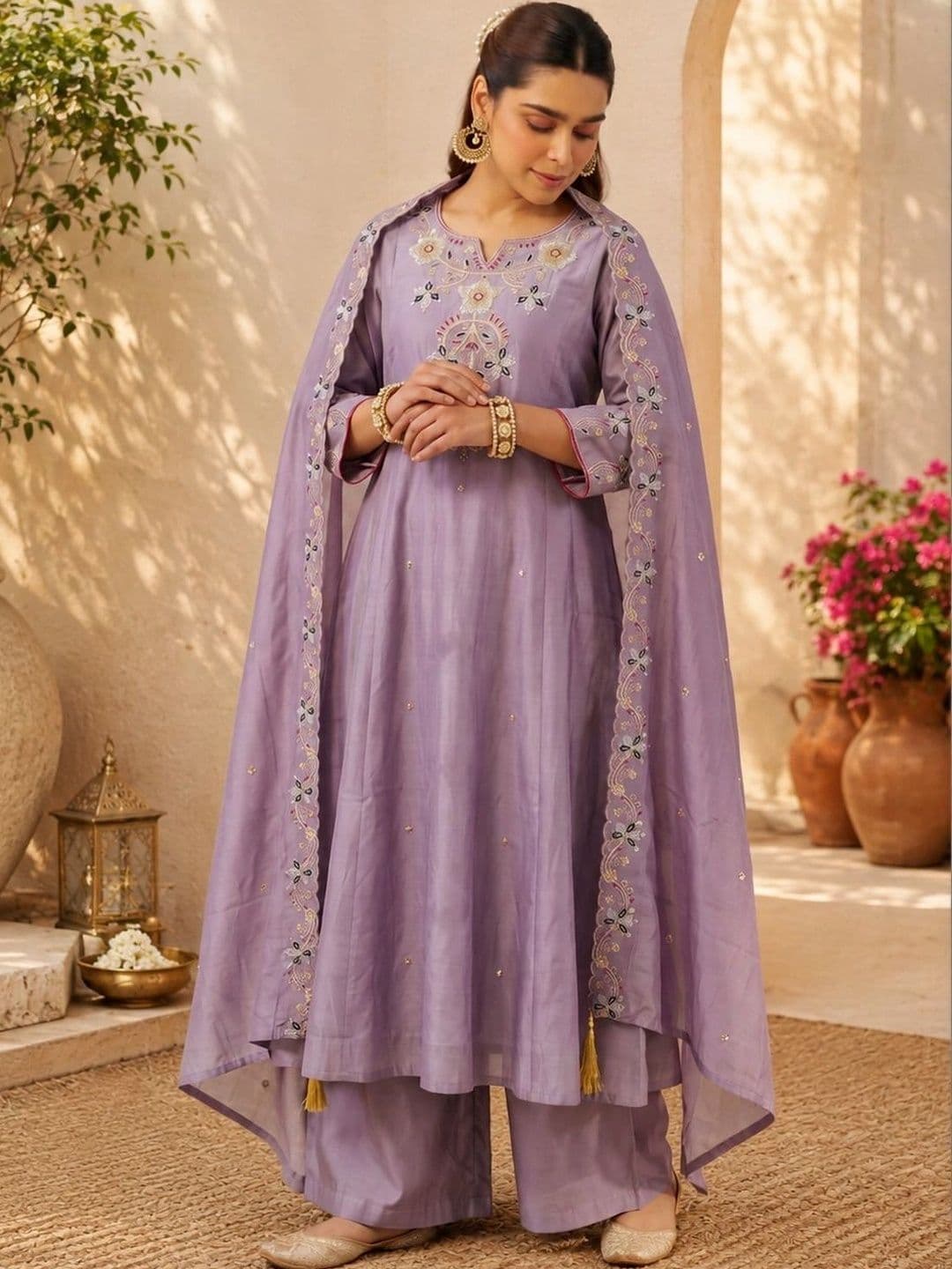Sangria Ethnic Motifs Embroidered Regular Thread Work Kurta with Palazzos & With Dupatta thumbnail 7
