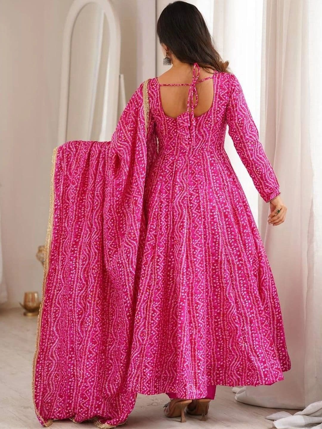 WEWER Women Leheriya Printed Empire Mirror Work Kurta with Trousers & With Dupatta thumbnail 3