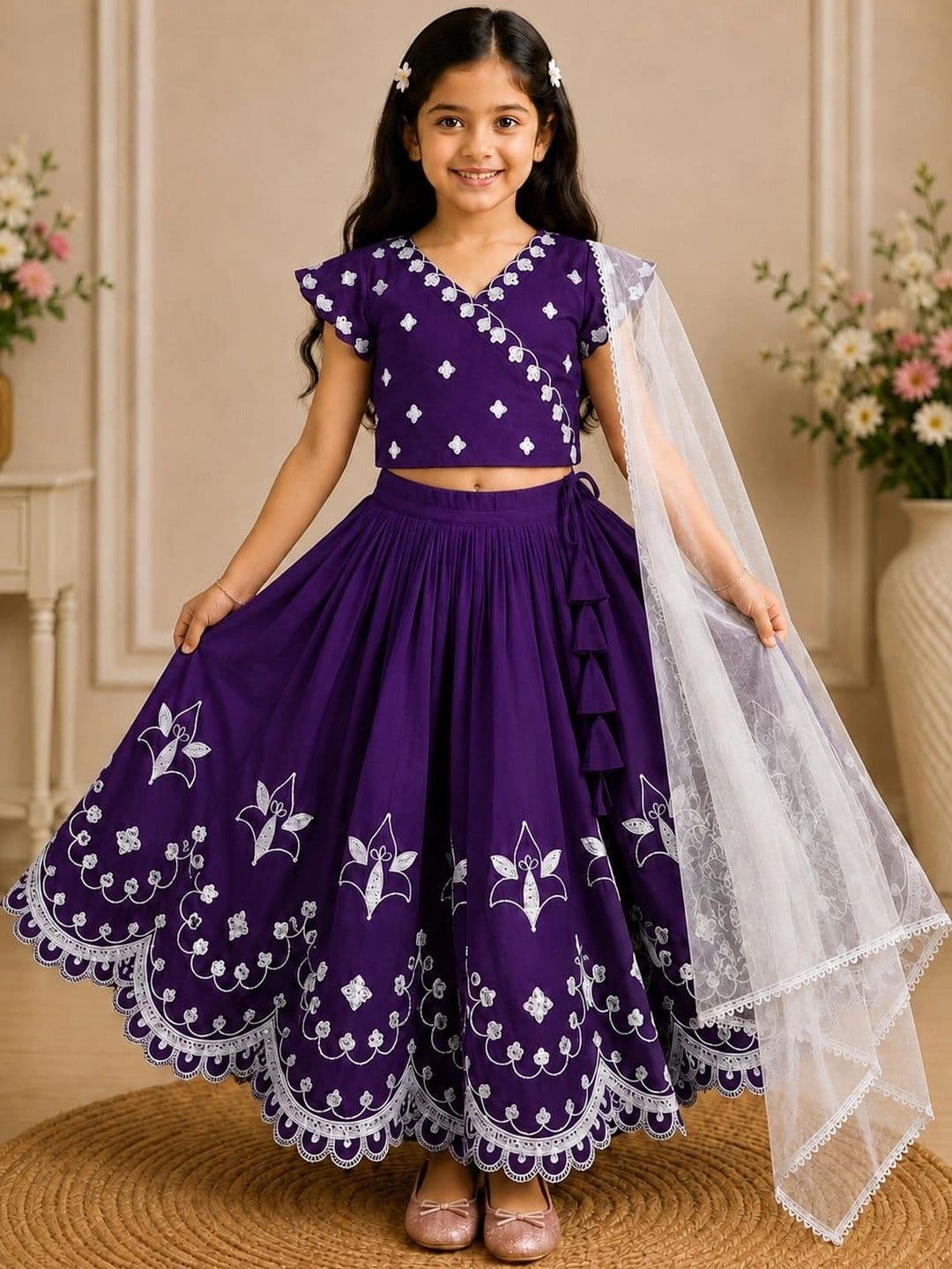 KALINI Girls Embroidered Thread Work Ready to Wear Lehenga & Blouse With Dupatta - view 1