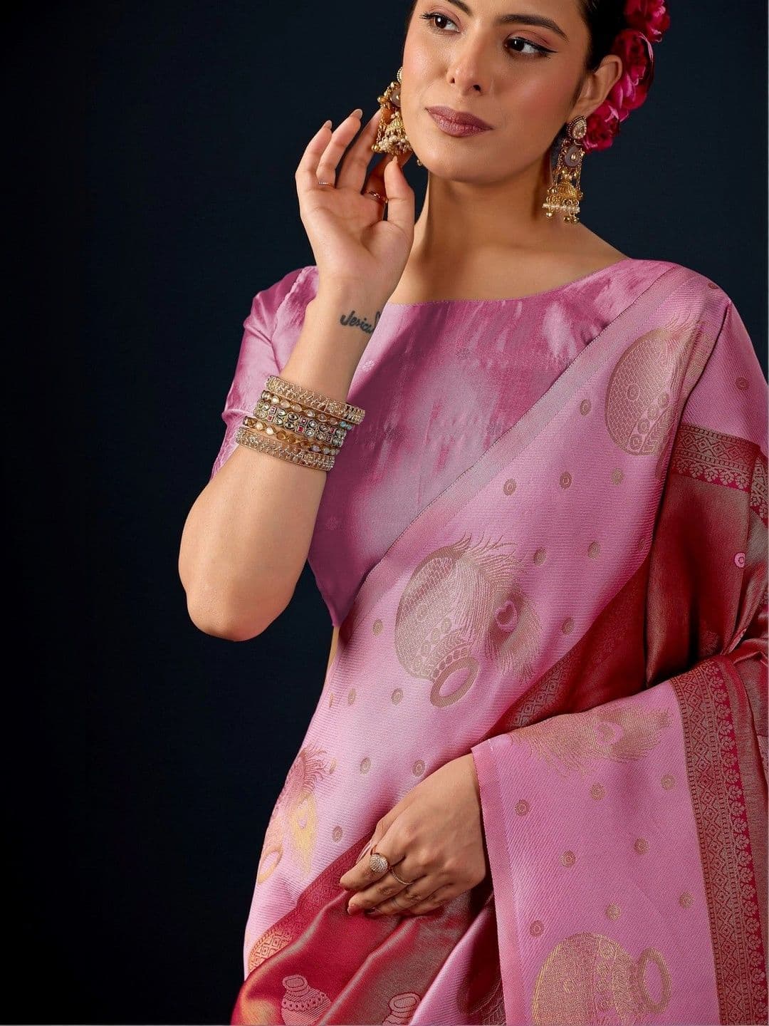 ERIKA Woven Design Zari Silk Blend Designer Banarasi Saree thumbnail 2