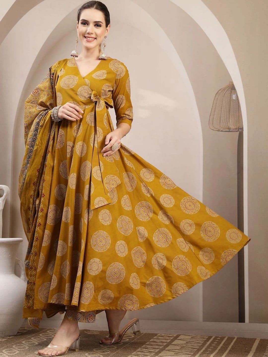 Sangria Women Ethnic Printed Angrakha Pure Cotton Kurta with Trousers & With Dupatta thumbnail 3