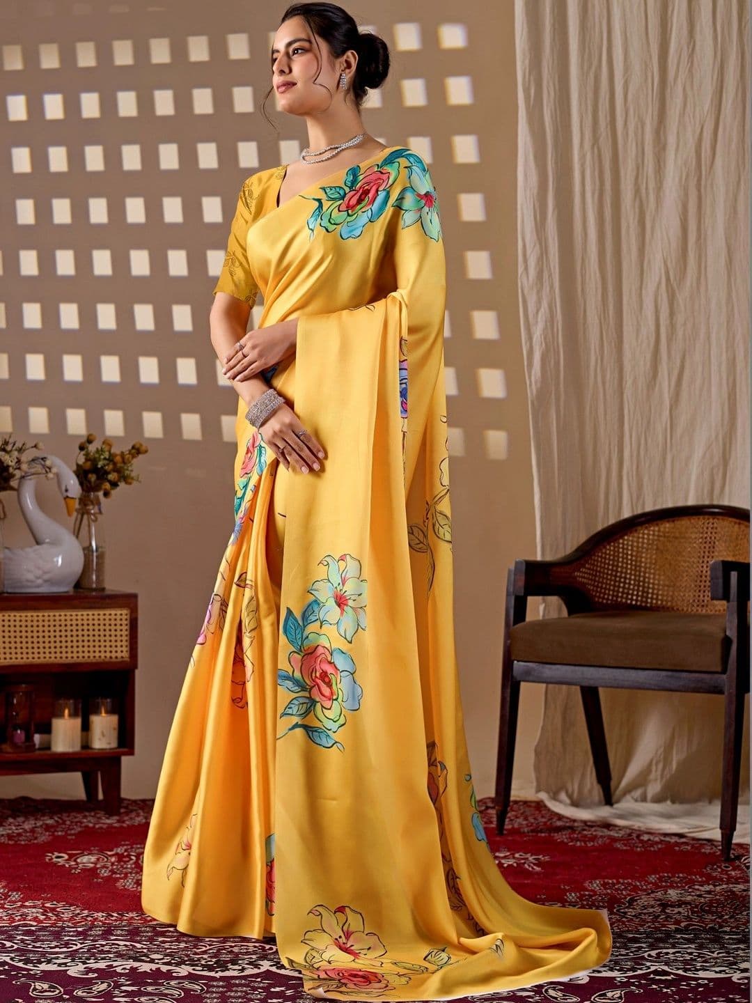 LeeliPeeri Designer Women Floral Printed Satin Designer Saree thumbnail 3