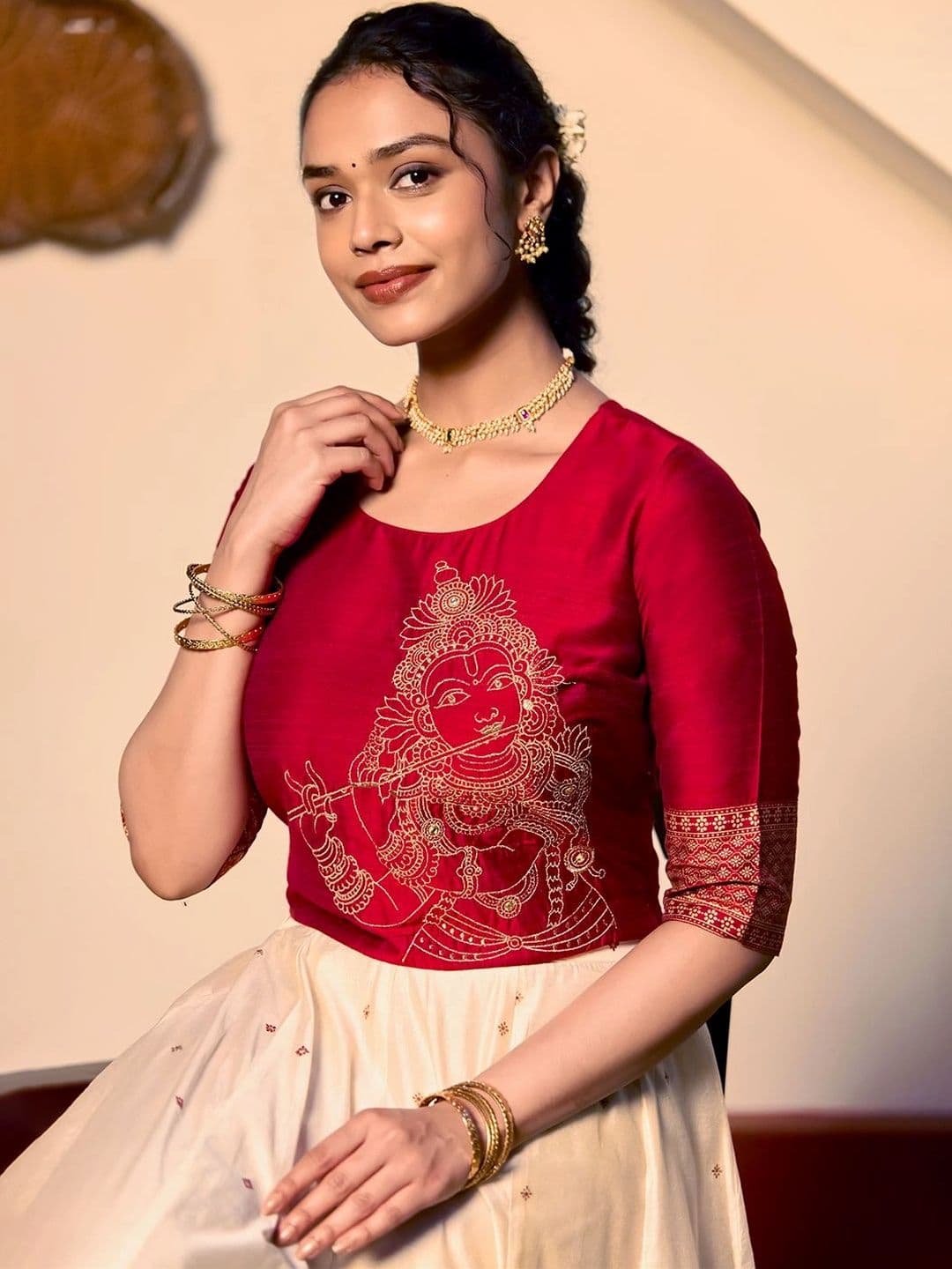 Maybell Women's Silk Blend Embroidered Round Neck Onam Theme Top with Skirt Set thumbnail 3