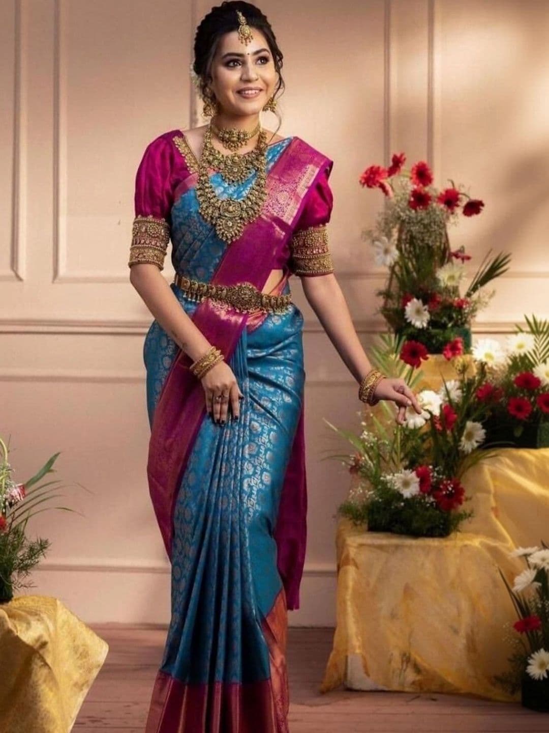 all about you Woven Design Zari Silk Blend Heavy Work Kanjeevaram Saree - view 1