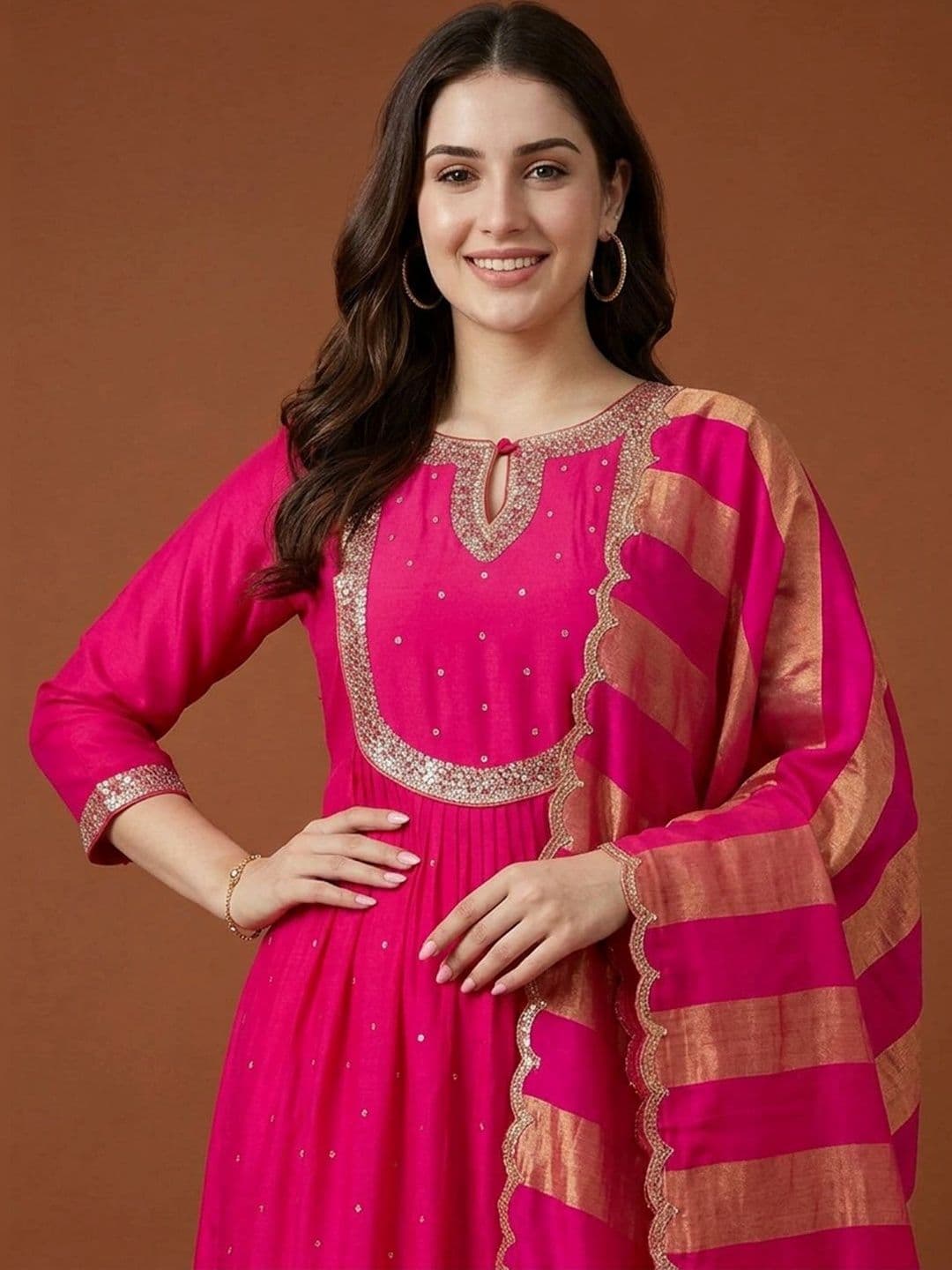 Sangria Women Embroidered Empire Sequinned Chanderi Silk Kurta with Trousers & With Dupatta thumbnail 2