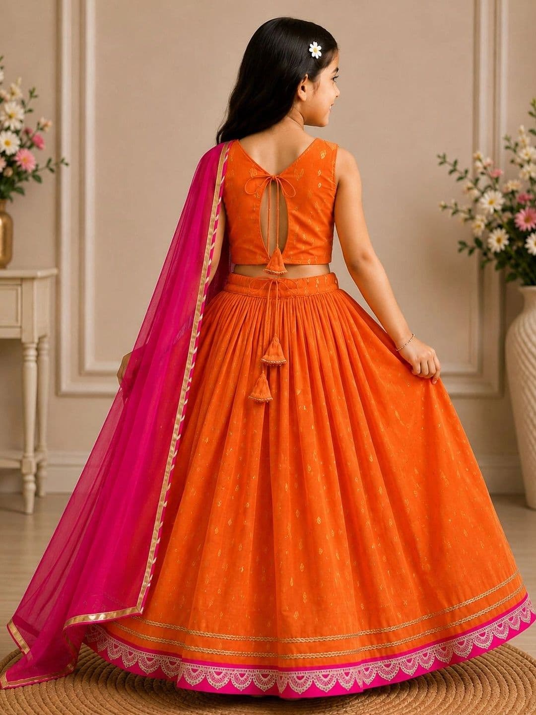KALINI Girls Embroidered Thread Work Ready to Wear Lehenga & Blouse With Dupatta thumbnail 6