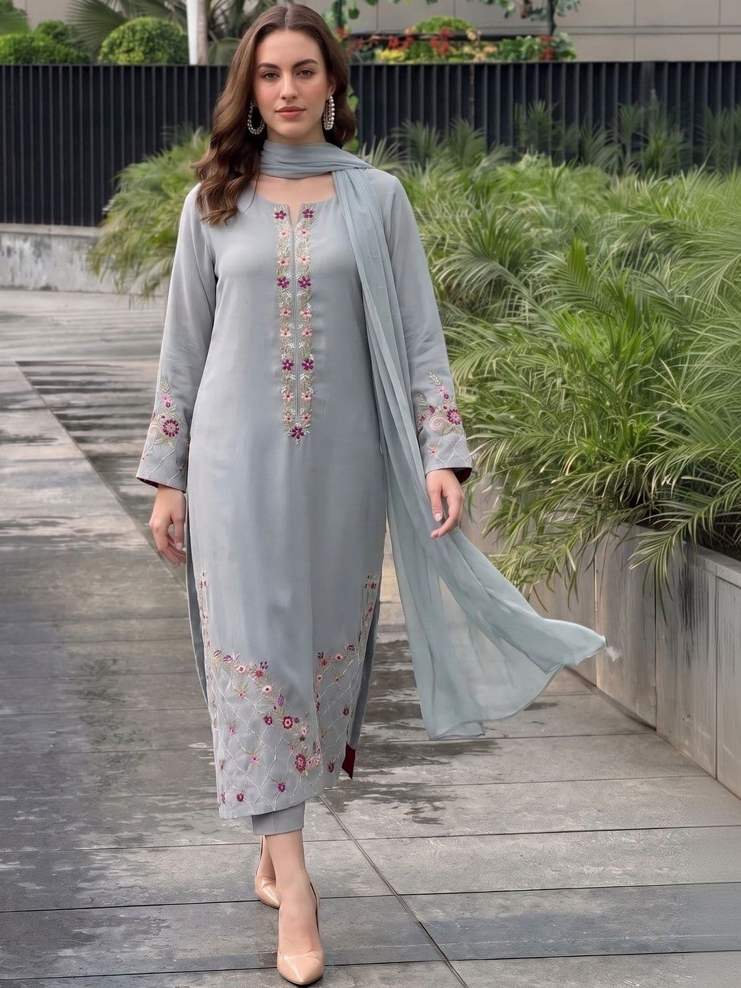 Sangria Embroidered Thread Work Chanderi Silk Straight Kurta with Trousers & Dupatta thumbnail 3