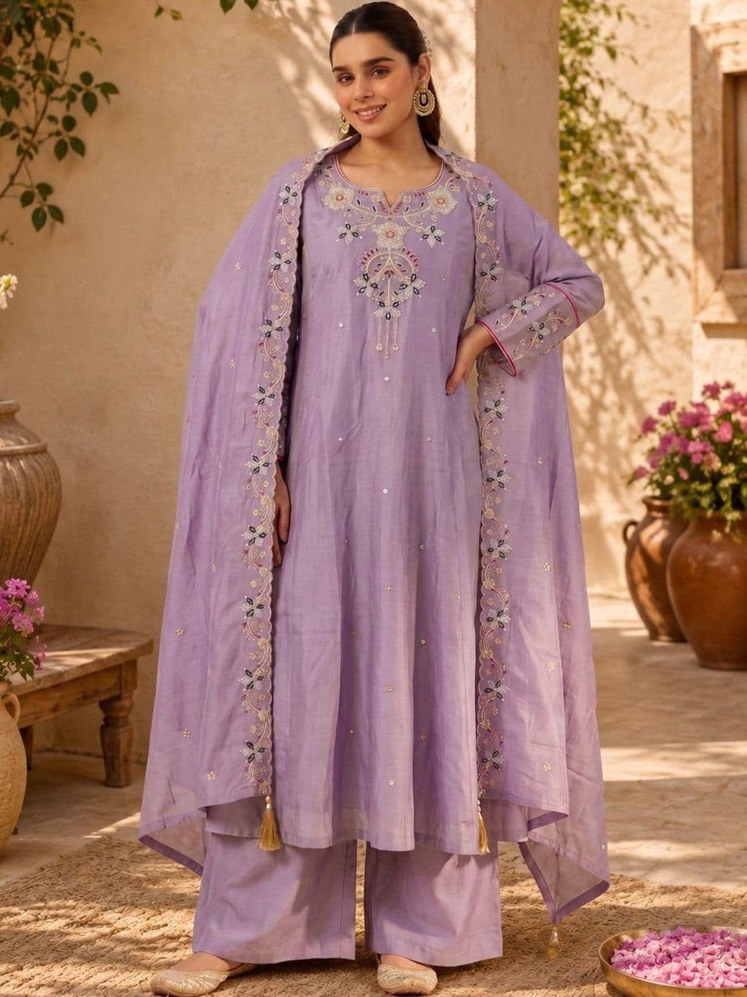 Ariya Prints Women Ethnic Motifs Embroidered Regular Thread Work Kurta with Palazzos & With Dupatta thumbnail 2