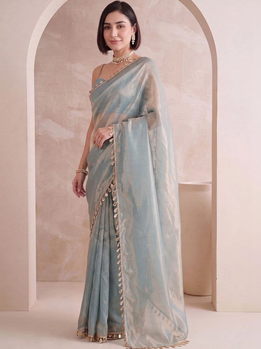 Anouk Mirror Work Satin Designer Saree thumbnail 3