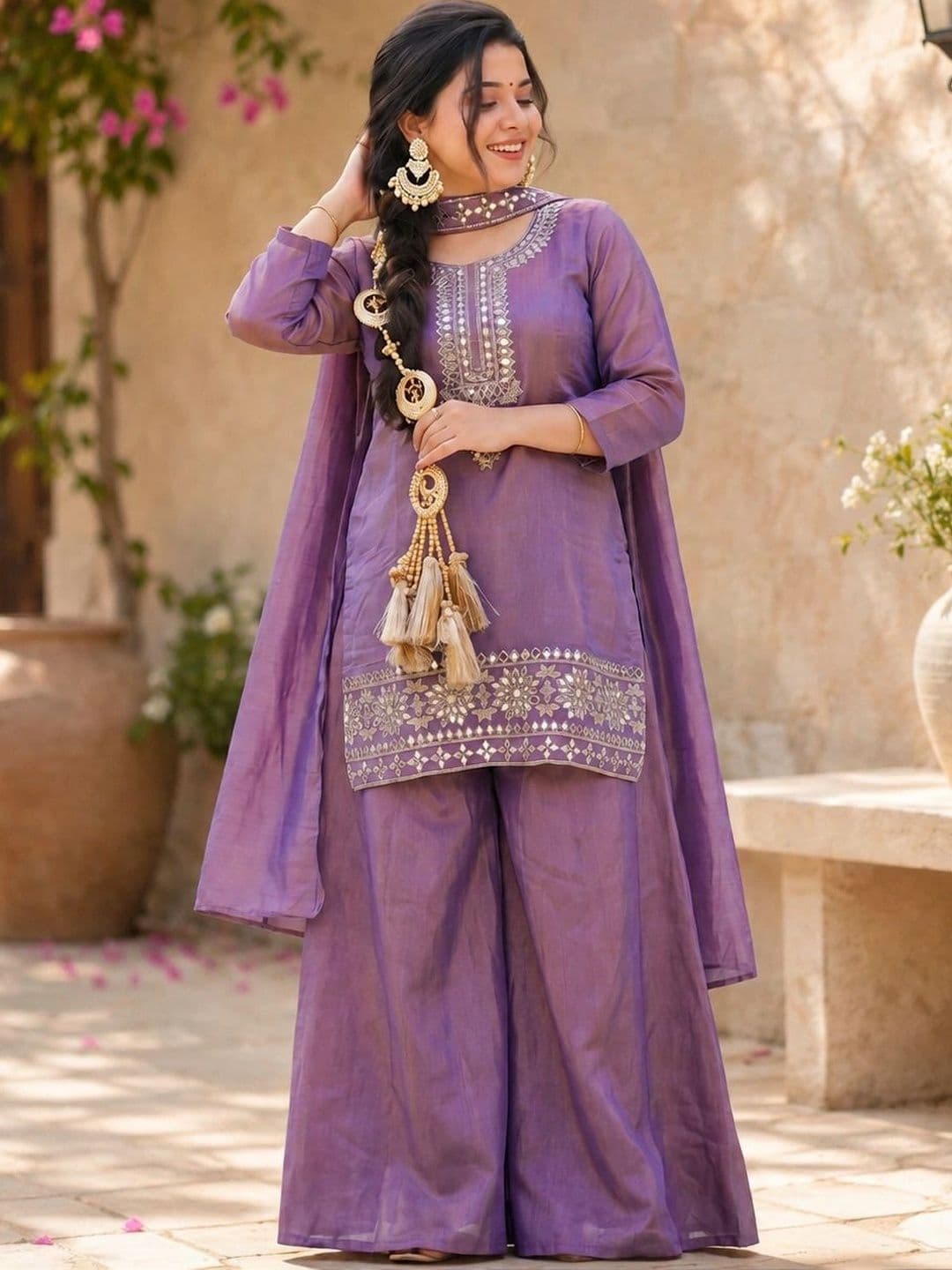Sangria Ethnic Motifs Embroidered Regular Mirror Work Kurta with Palazzos & With Dupatta thumbnail 3