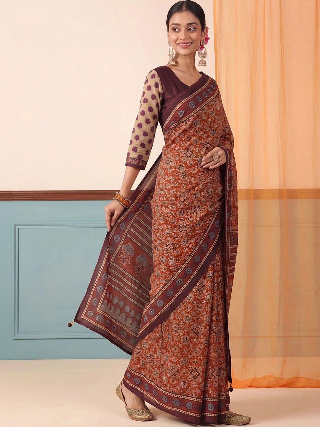 Anouk Ajrak Block Silk Blend Designer Block Print Saree thumbnail 6