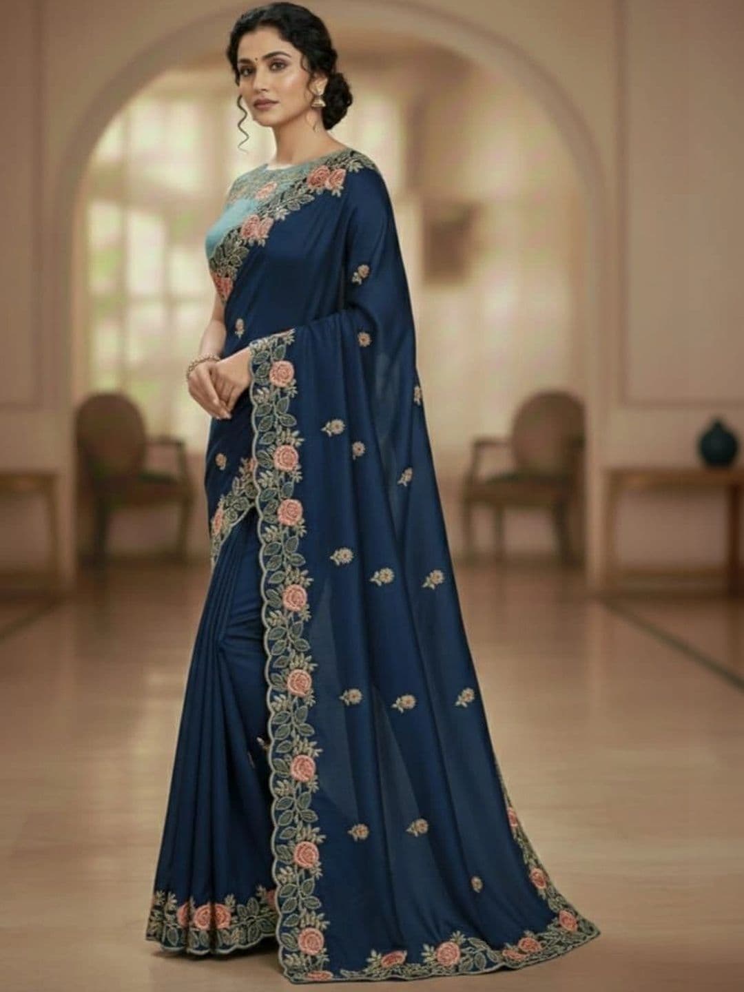 SHRIJAMYAHAM Floral Embroidered Poly Georgette Saree thumbnail 3