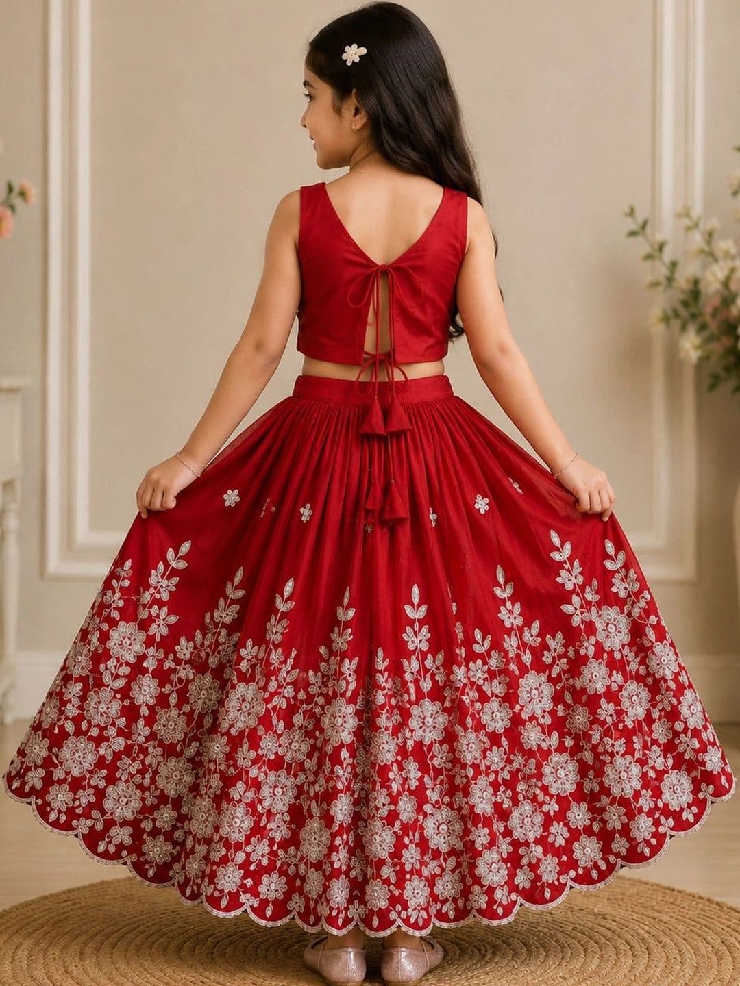 KALINI Girls Embellished Thread Work Ready to Wear Lehenga & thumbnail 6