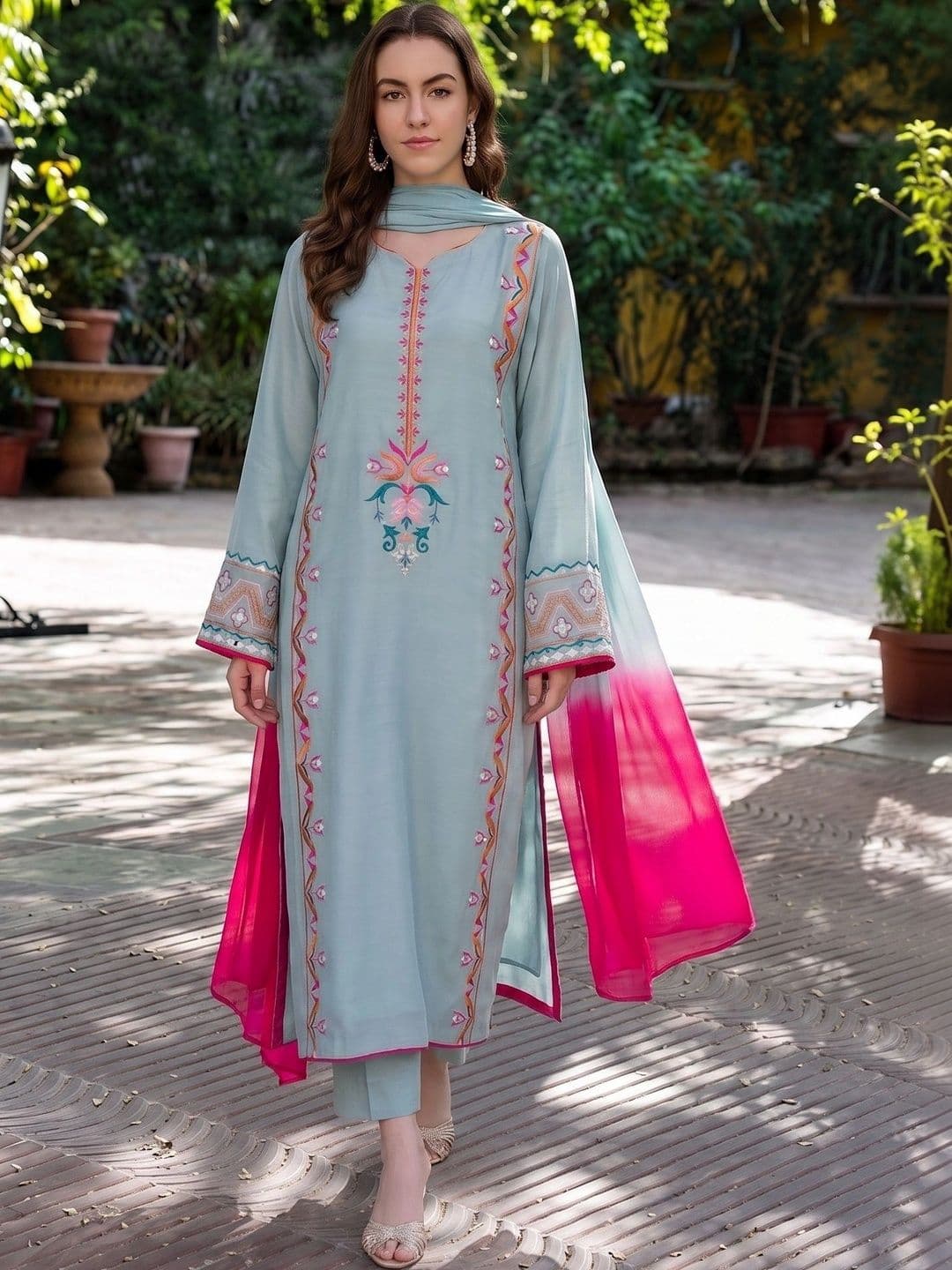 Sangria Women Regular Thread Work Silk Crepe Kurta with Trousers & With Dupatta - view 1
