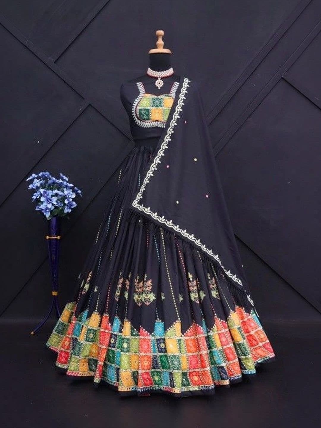 DAYLOOM Embellished Mirror Work Semi-Stitched Lehenga & Unstitched Blouse With Dupatta thumbnail 4