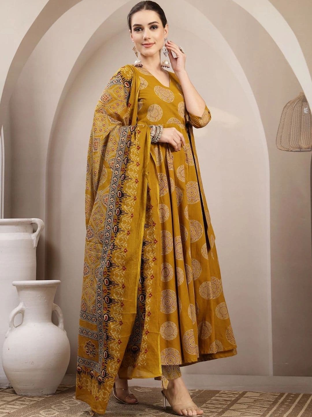 Sangria Women Ethnic Printed Angrakha Pure Cotton Kurta with Trousers & With Dupatta thumbnail 2