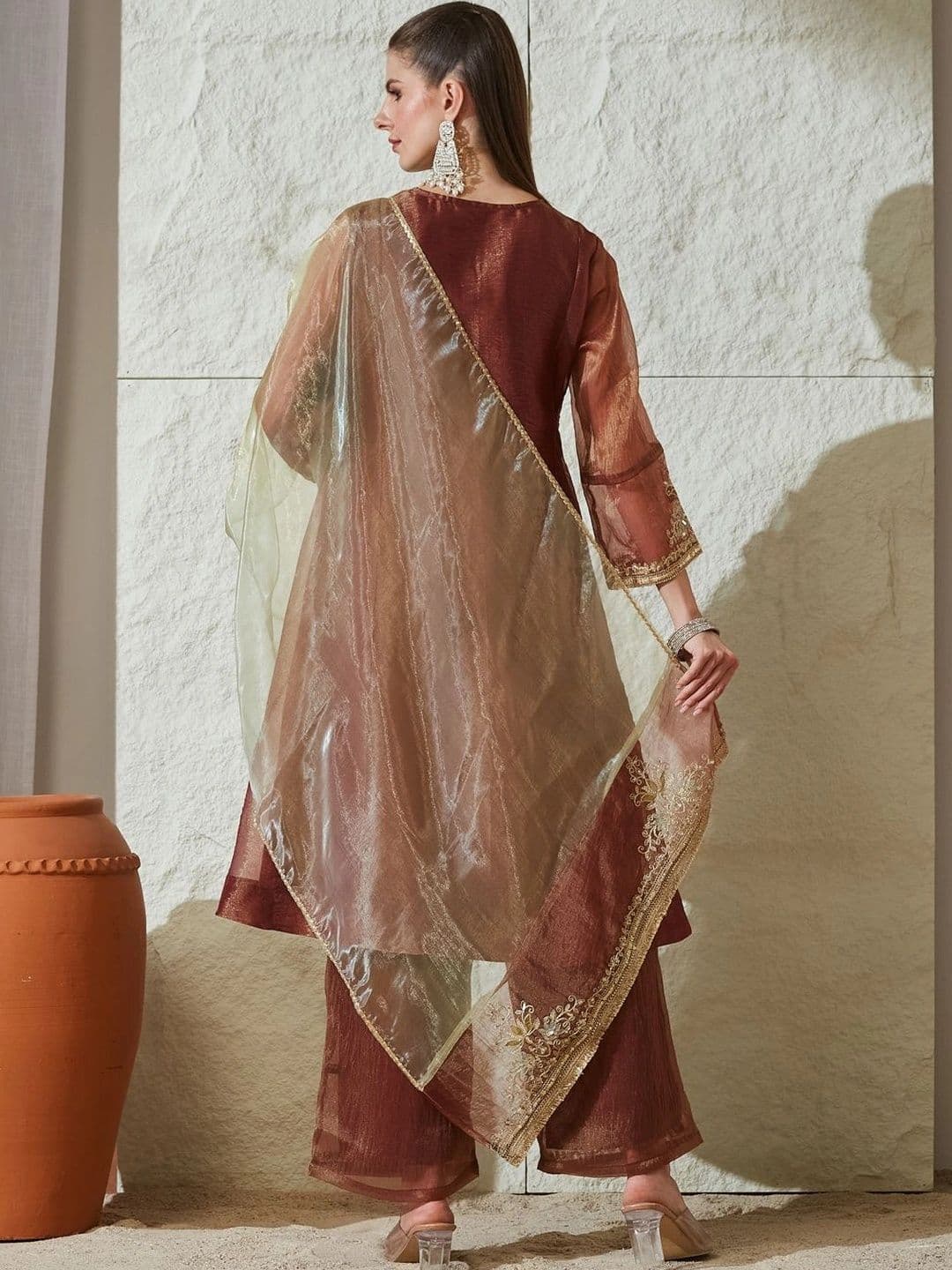 MOKOSH Women Ethnic Motifs Embroidered Regular Pure Silk Kurta with Palazzos & Dupatta thumbnail 2
