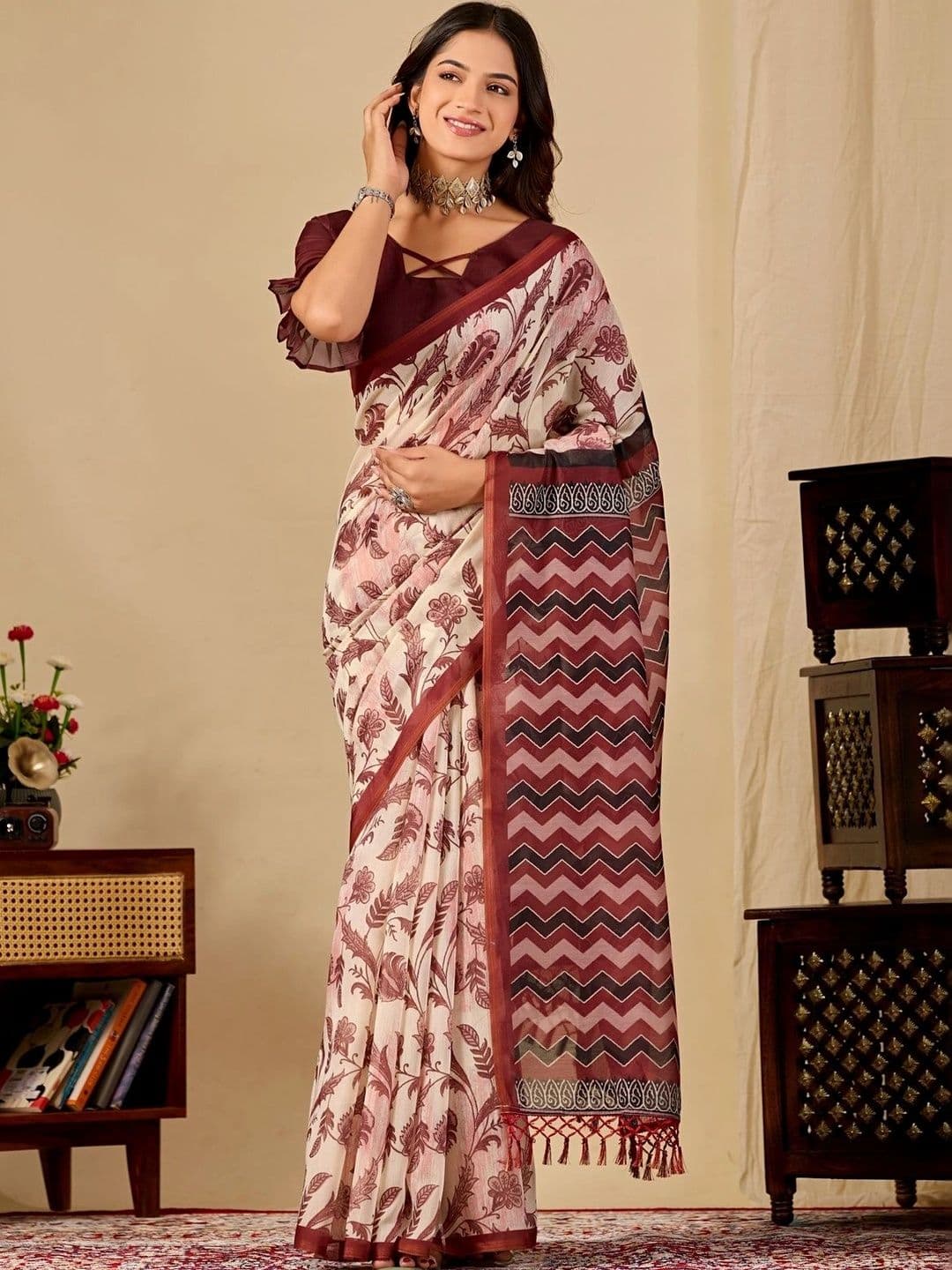 Sangria Floral Leheriya Saree thumbnail 3