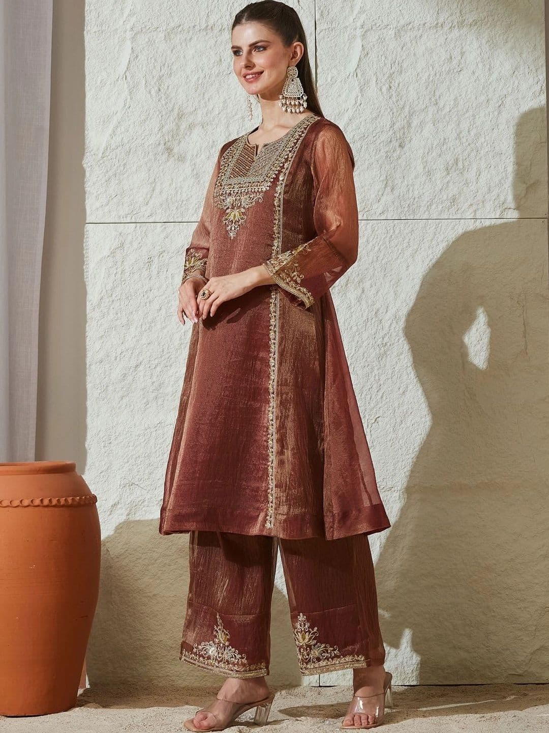 MOKOSH Women Ethnic Motifs Embroidered Regular Pure Silk Kurta with Palazzos & Dupatta thumbnail 4