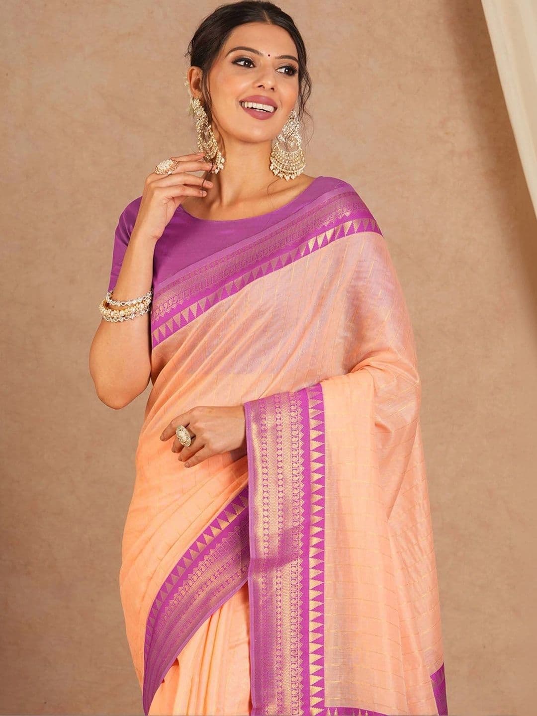 ZELLURE Striped Zari Art Silk Kanjeevaram Saree - view 1
