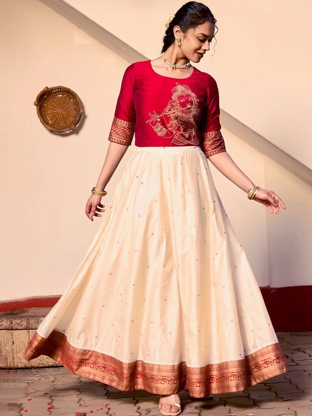 Maybell Women's Silk Blend Embroidered Round Neck Onam Theme Top with Skirt Set thumbnail 5
