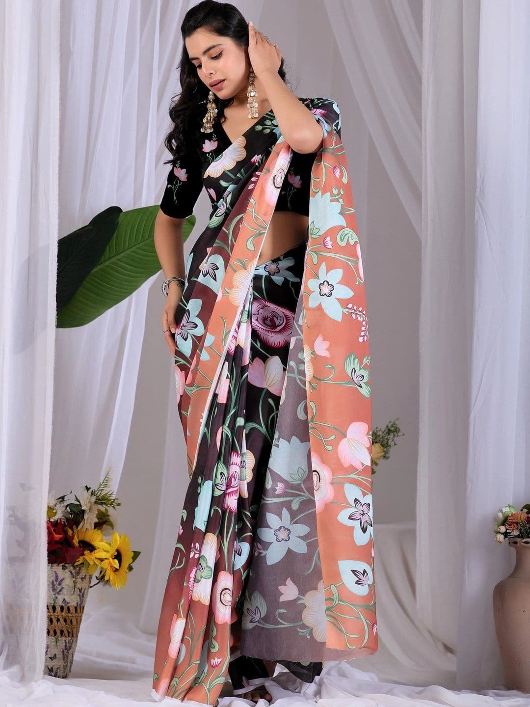LeeliPeeri Designer Floral Satin Designer Saree thumbnail 4