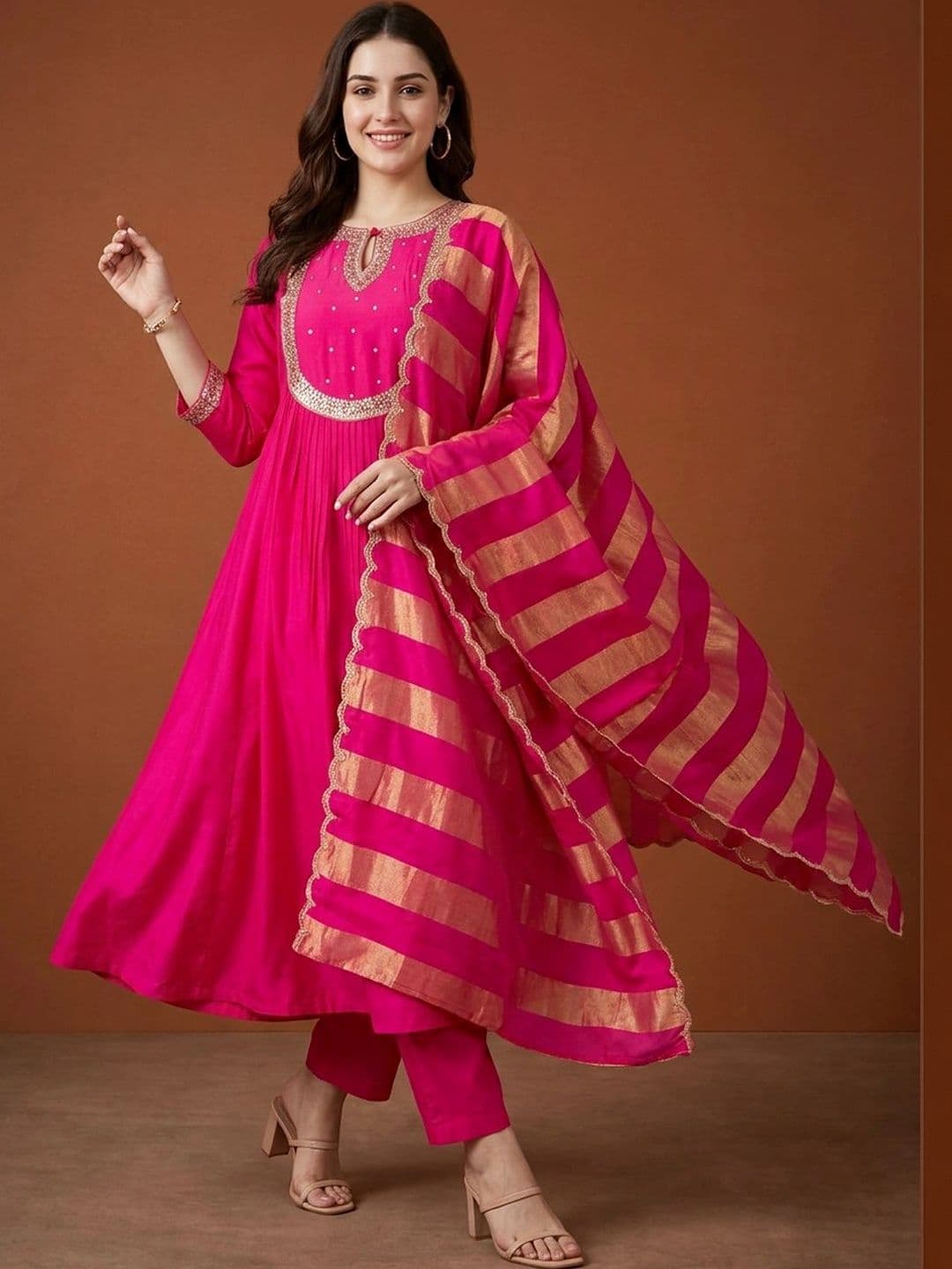 Sangria Women Embroidered Empire Sequinned Chanderi Silk Kurta with Trousers & With Dupatta - view 1