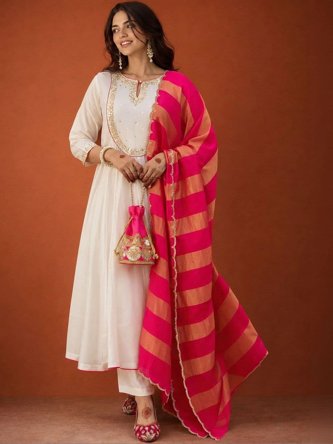 Sangria Women Floral Embroidered Regular Chanderi Silk Kurta with Trousers & With Dupatta thumbnail 6