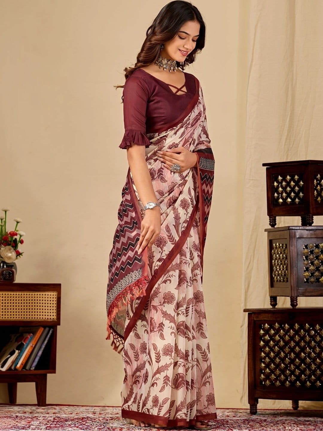 Sangria Floral Leheriya Saree thumbnail 7